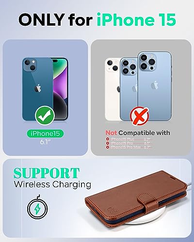 OCASE Compatible with iPhone 15 Wallet Case, PU Leather Flip Folio Case with Card Holders RFID Blocking Kickstand [Shockproof TPU Inner Shell] Phone Cover 6.1 Inch 2023, Brown - color: Brown