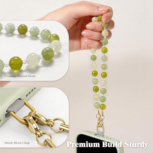 SURPHY Natural Stone Phone Charm, Beaded Phone Wrist Strap with Tether Tab - color: Serpentine Jade