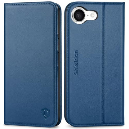 SHIELDON Genuine Leather Case Wallet for iPhone 17e/16e 6.1", Royal Blue | Magnetic Closure, RFID Blocking, Credit Card Slot, Viewing Stand, Foldable Design, Shockproof TPU Phone Cover - color: Royal Blue
