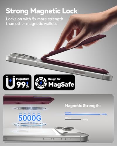 TWZKG for MagSafe Wallet, 5 Cards Holder with Stand, Magnetic Phone Wallet Stand for iPhone 17/16/15/14/13/12 Pro Max Air Plus Series, RFID Blocking Vegan Leather,Wine Red - color: Wine Red
