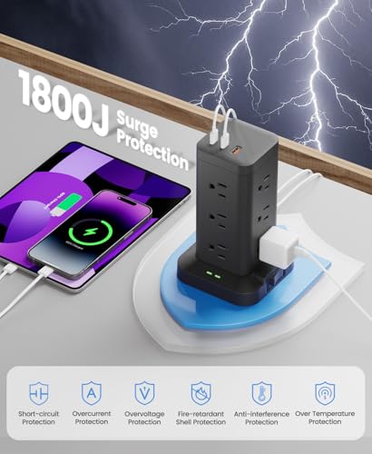 12AC 3USB Power Strip Tower Surge Protector 1800J, 8ft, Black, 1 - color: Black, size: 8ft