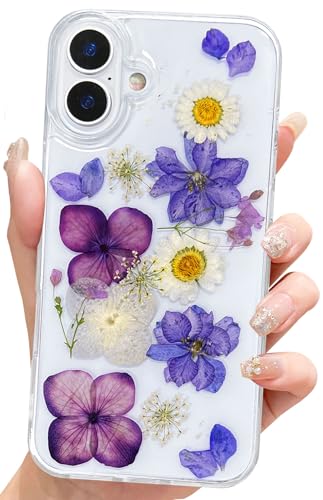 Abbery for iPhone 16 Plus Cases Floral Cute Clear with Pressed Dried Purple Violet Daisy Flowers Design Aesthetic Soft Slim Shockproof Protective Girly Women Girls Phone Cover - color: Purple Flower, size: for iPhone 16 Plus
