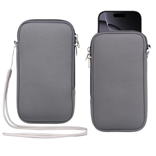 Neoprene Cell Phone Sleeve Zipper Phone Pouch Holder w/ Neck Strap Compatible for iPhone 17 Pro Max 16 Plus Galaxy S26 Ultra S26+ S25 FE A17 A36 A56 Oneplus 15 13 Pixel 10 Poco X7 Pro (Gray, Medium) - color: Gray