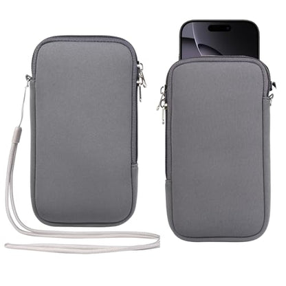 Neoprene Cell Phone Sleeve Zipper Phone Pouch Holder w/ Neck Strap Compatible for iPhone 17 Pro Max 16 Plus Galaxy S26 Ultra S26+ S25 FE A17 A36 A56 Oneplus 15 13 Pixel 10 Poco X7 Pro (Gray, Medium) - color: Gray