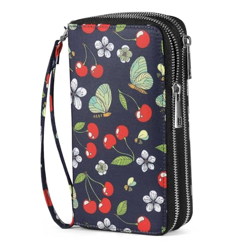RFID Blocking Cellphone Wallet for Women with Wrist Strap, Double Zipper Travel Clutch Purse Large Capacity, Cherry - color: Cherry