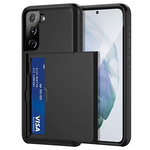 Jiunai for Samsung Galaxy S21 Case Wallet Credit Card IDs Cash Holder Black | Slide Cover Dual Layer Hybrid Protective Hard PC Soft TPU Rubber Cover Phone Case for Samsung Galaxy S21 5G 6.2'' Women Men - color: Black