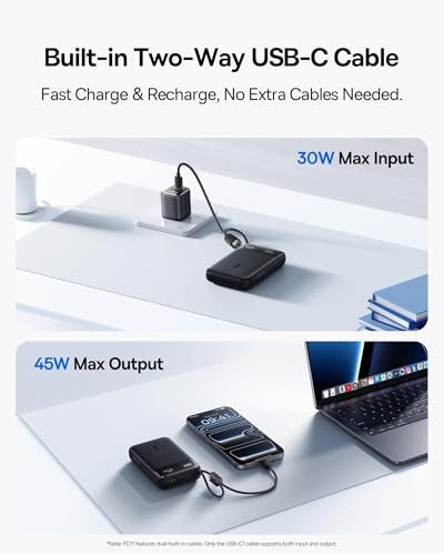 Baseus 20000mAh Compact Portable Charger 45W, CCC Certified Power Bank Built-in USB-C Cables, Travel Essential PD Fast Charging Battery Pack for iPhone 18/17/16 Series Galaxy S25/S24 Ultra Google iPad - color: Black
