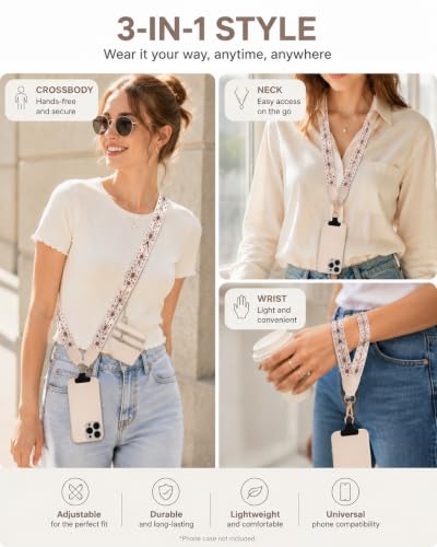 Phone Lanyard Card Holder, Adjustable White Strap Pattern Crossbody Neck