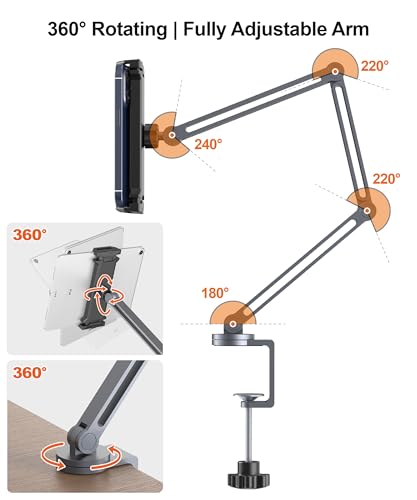 YICOSUN Tablet Stand for Desk - Heavy Duty Aluminum iPad Arm Mount with Super Grip Clamp, 360° Rotating Foldable Holder for 4.7-13" iPad, Kindle, Phone - Reading, Drawing, Video Call - Gray - color: Gray