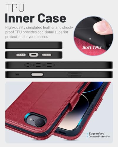 OCASE for iPhone 17e/iPhone 16e Wallet Case, Card Holder, Red | RFID Blocking, Kickstand, Magnetic Closure, PU Leather Flip Folio, Shockproof TPU Shell, Protective Phone Cover (6.1") - color: Red