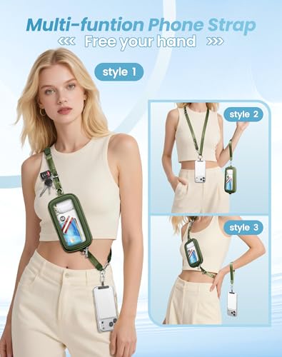 SHANSHUI Clip and Go Phone Strap Wallet Crossbody Phone Lanyard, Detachable Wristlet Strap with Zipper Phone Screen ID Window, 2 Pcs Metal Tether Pads Compatibe for iPhone & Most Smartphones Green - color: Green