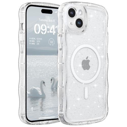 FABSPARK Glitter Case for iPhone 15,Fit for MagSafe,Clear | Magnetic Curly Wavy Frame | Sparkly Bling Glitter | Transparent Clear Acrylic Hard PC for iPhone 15,Clear - color: Glitter Clear, size: for iPhone 15