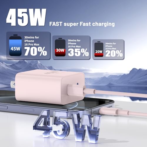 QZIIW iPhone 17 16 15 Pro Max Fast Charger,45W Dual Port USB C Fast Charger - color: Pink, size: 3FT+6FT+10FT+10FT
