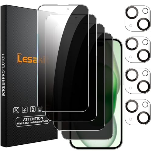 Lesakit 4+4 Pack Privacy Screen Protector for iPhone 15 6.1-Inch with 4 Pack Camera Lens Protector, Anti Spy Tempered Glass Film 9H Hardness Case Friendly - size: iPhone 15
