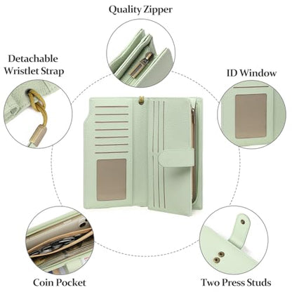 GAEKEAO Womens Wallets Large Capacity Leather Card Holder RFID Blocking Wristlet Clutch Long Travel Ladies Purse - color: Z03-Green
