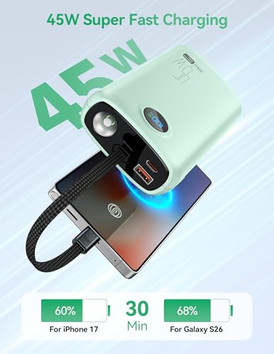 DIAMUAR Portable Charger 20000mAh 45W, Built in USB C Cable, 3W Flashlight - color: Natural Teal