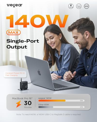 wegear 140W USB-C Charger for Laptop, Slim 4-Port PD 3.1 GaN Block-Black - color: Black
