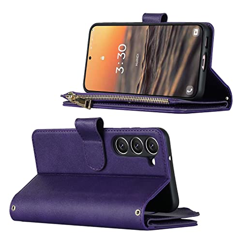 iCoverCase for Samsung Galaxy S23 Wallet Case with Card Holder, Kickstand Feature PU Leather Case with Adjustable Crossbody Lanyard Magnetic Clasp Zipper Pocket Flip Cover (Purple) - color: Purple, size: Galaxy S23