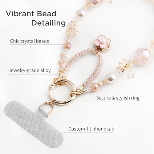 POSADINA Phone Charm for Women, Anti-Theft Phone Wrist Strap Hands-Free & Beaded Chain, Detachable Cell Phone Lanyard with Tether Tab - color: Pink Blossom