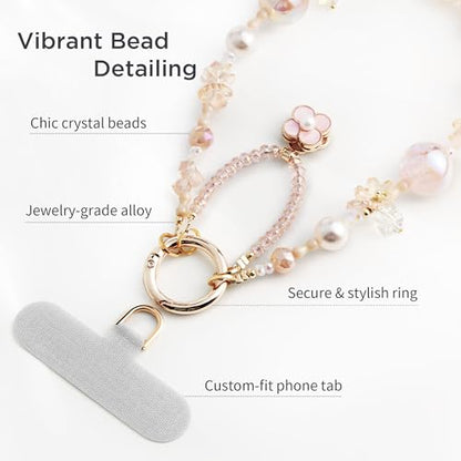 POSADINA Phone Charm for Women, Anti-Theft Phone Wrist Strap Hands-Free & Beaded Chain, Detachable Cell Phone Lanyard with Tether Tab - color: Pink Blossom