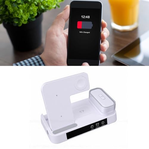 ASHATA 4 in 1 Wireless Charging Station 3 in 1 Stand with Digital Alarm Clock 7 Color Night Light for Phone Watch Earbuds (White) - color: White