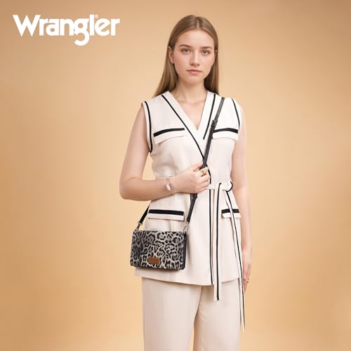 Wrangler Leopard Print Womens Wristlet Wallet RFID Blocking Bifold Clutch Credit Card Holder Purse with Crossbody Strap - color: B-leopard Black