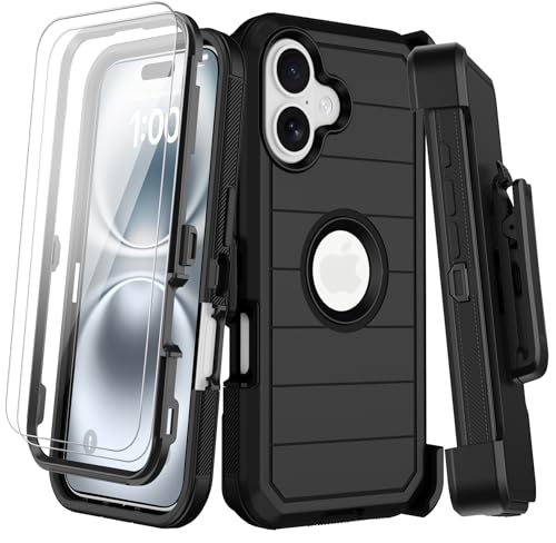 KECAI for iPhone 16 Case with Belt Clip Holster,2X Screen Protectors,Heavy Duty Shockproof Drop Protection Military Grade 3 Layers Full Covered Rugged Durable Phone Cover with Kickstand 6.1“ (Black) - color: Black w Clip