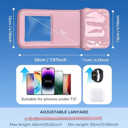 Wokyo IPX8 Waterproof Phone Pouch, Dual Pocket Floating Case for 7.2" Max Pink Full Touchscreen Response Secure Seal Dry Bag Lanyard Essential for Pool & Cruise Vacations - color: Pink