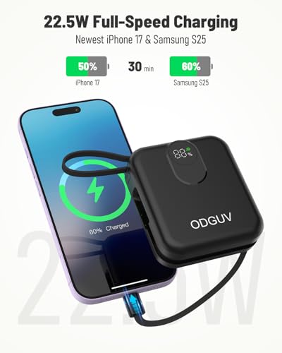 Small Portable Charger with Built-in Cables,22.5W Fast Charging Power Bank,USB-C Mini Battery Pack 10000mAh,Travel Essential Powerbank for iPhone Samsung Android iPad MacBook,Black - color: black