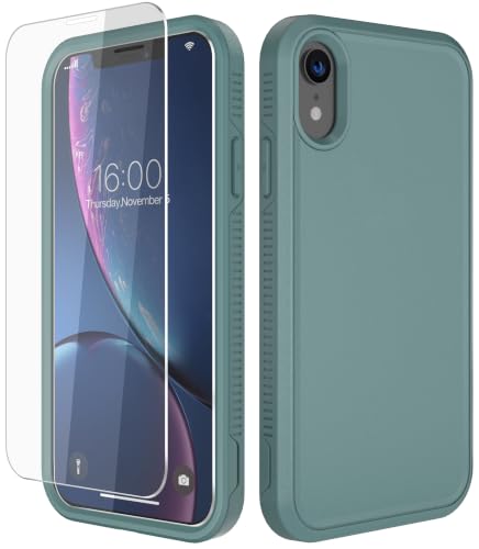 Diverbox for iPhone XR Case [Tempered Glass Screen Protector] [Shockproof] [Dropproof] Heavy Duty Protection Phone Case Cover for Apple iPhone XR (Pine Green) - color: Pine Green-2in1