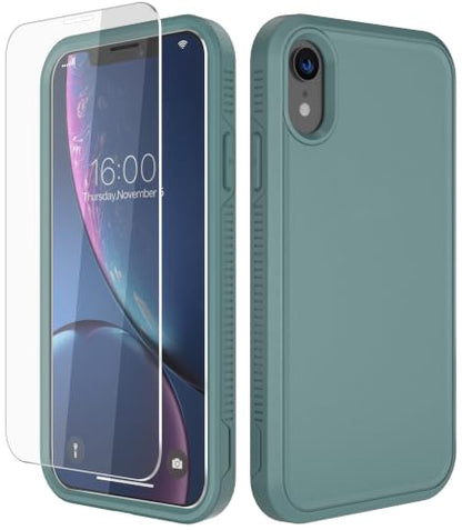 Diverbox for iPhone XR Case [Tempered Glass Screen Protector] [Shockproof] [Dropproof] Heavy Duty Protection Phone Case Cover for Apple iPhone XR (Pine Green) - color: Pine Green-2in1