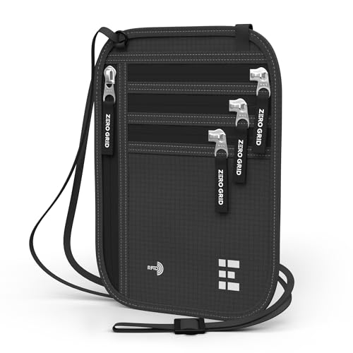 Zero Grid RFID Travel Neck Wallet, Extra Large Passport Holder, Black - color: Black, size: Family