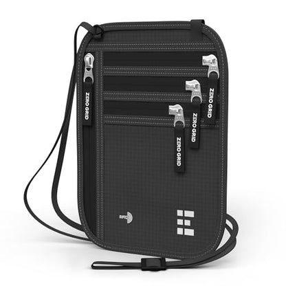 Zero Grid RFID Travel Neck Wallet, Extra Large Passport Holder, Black - color: Black, size: Family