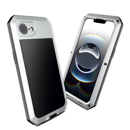 for iPhone 16E Metal Case,Heavy Duty Shockproof Aluminum Alloy Tough Armour Military Grade Phone Case for iPhone 17E,Full Body Protective Cover with Silicone Built-in Screen Protector-Silver - color: Silver