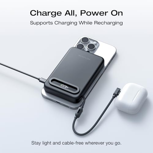 EF ECOFLOW Rapid Mag Power Bank, Qi2.2 25W MagSafe-Compatible Portable Charger, 10,000mAh Magnetic Power Charger with Built-in USB-C Cable and Foldable Stand, for iPhone 17/16/15 - color: Black