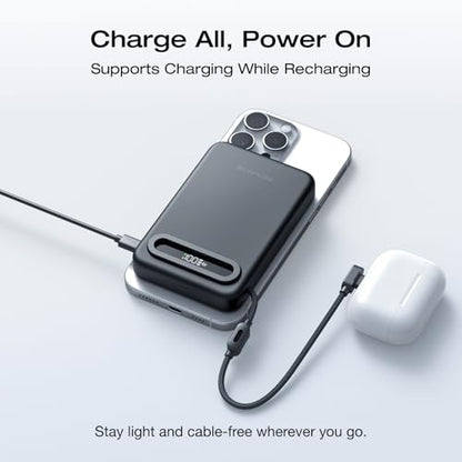 EF ECOFLOW Rapid Mag Power Bank, Qi2.2 25W MagSafe-Compatible Portable Charger, 10,000mAh Magnetic Power Charger with Built-in USB-C Cable and Foldable Stand, for iPhone 17/16/15 - color: Black