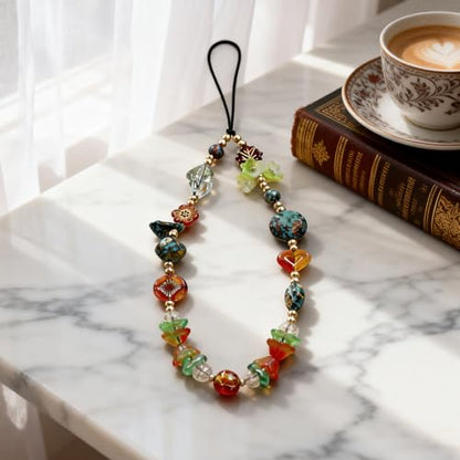 Cute Beaded Camera Wrist Strap for Phone, Digital Camera Charm Lanyard, Pearl Beaded Chain for Bag Keychain Gift - color: Green Stone