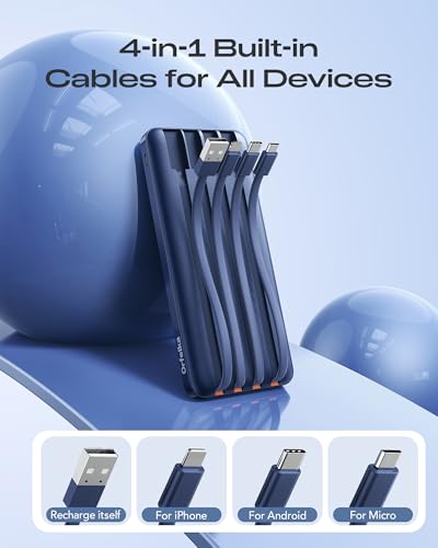 Orfeika 20000mAh Power Bank, Portable Charger with 4 Built-in Cables - color: Navy Blue