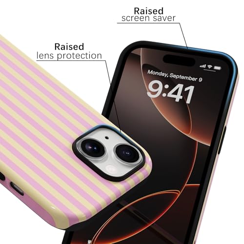 Skyseaco Compatible with iPhone 15 Case with MagSafe, Cute Striped Phone Case for Women Girls, Soft TPU + Hard PC Dual Layer Shockproof Glossy Protective Cover, Pink and Yellow - color: Pink and Yellow, size: iPhone 15