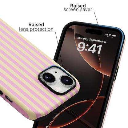 Skyseaco Compatible with iPhone 15 Case with MagSafe, Cute Striped Phone Case for Women Girls, Soft TPU + Hard PC Dual Layer Shockproof Glossy Protective Cover, Pink and Yellow - color: Pink and Yellow, size: iPhone 15
