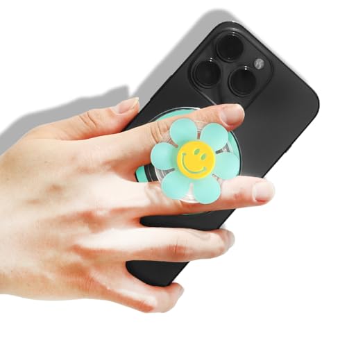 Magnetic Luminous Smiley Flower Mobile Phone Grip: Swappable & Collapsible Grip for Phones & Tablets (Turquoise)