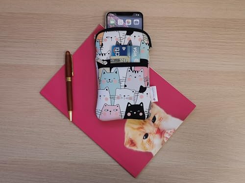 Tainada Crossbody 2-Zip Phone Bag w/Neck Strap (Doodle Cats Style 1) | For Men/Women; Water-resistant neoprene pouch, shockproof, lightweight; Compatible with most of smartphones - color: Doodle Cats Style 1