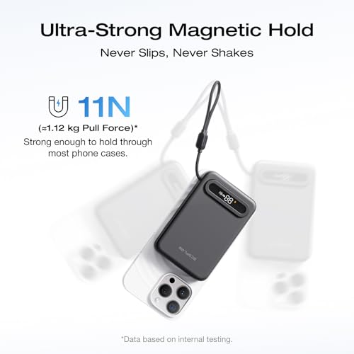 EF ECOFLOW Rapid Mag Power Bank, Qi2.2 25W MagSafe-Compatible Portable Charger, 10,000mAh Magnetic Power Charger with Built-in USB-C Cable and Foldable Stand, for iPhone 17/16/15 - color: Black