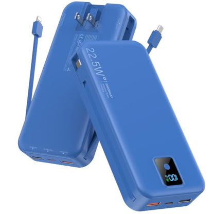 Portable Charger 20000mAh 22.5W w/Built-in Cable & Wall Plug Navy - color: Indigo