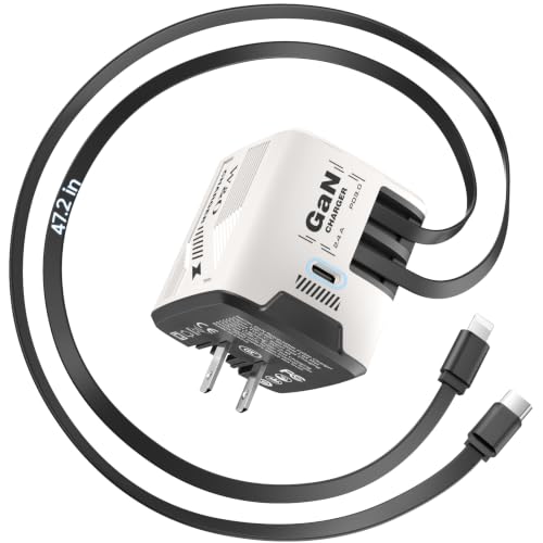 W & O 60W Fast Charger Wall Plug, Built-in Retractable USB-C & L Cables - color: White