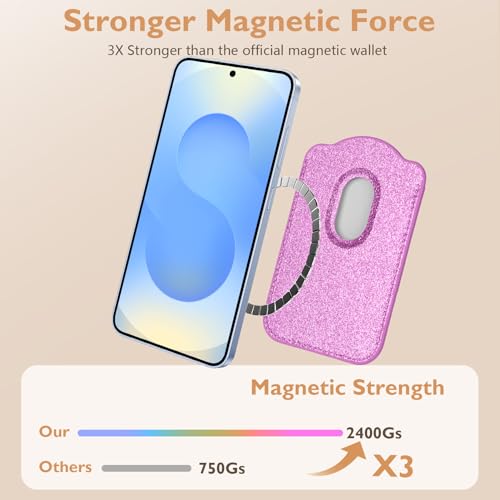 Fjcdslwx Compatible with Magsafe Wallet Magnetic Card Holder -Glitter Purple Phone Wallet for Galaxy S25 Series,iPhone 17/16/15/14/13 Series for Women Teen Girls for Apple Mag RFID Magnet,Fit 3 Cards - color: Purple