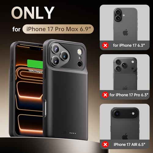 GIN FOXI Battery Case for iPhone 17 Pro Max, Charging Case Charger 8500mAh Ultra-Slim Lightweight Powerful Battery Pack 15W Fast Rechargeable Anti-Fall TPU Juice Box for 17 Pro Max (6.9") Black - color: Black