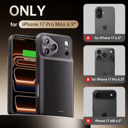 GIN FOXI Battery Case for iPhone 17 Pro Max, Charging Case Charger 8500mAh Ultra-Slim Lightweight Powerful Battery Pack 15W Fast Rechargeable Anti-Fall TPU Juice Box for 17 Pro Max (6.9") Black - color: Black