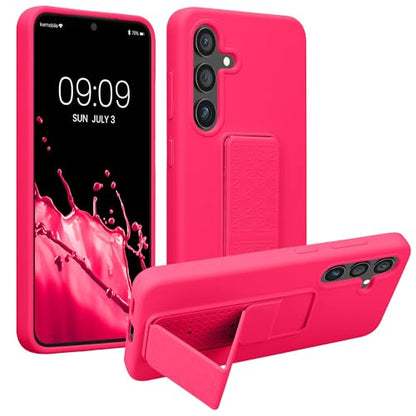 kwmobile Case for Samsung Galaxy S24 Case - Soft TPU Cover with Silicone Coating - with Hand Strap and Stand Function - Shockproof - Neon Pink - color: neon pink, size: Galaxy S24