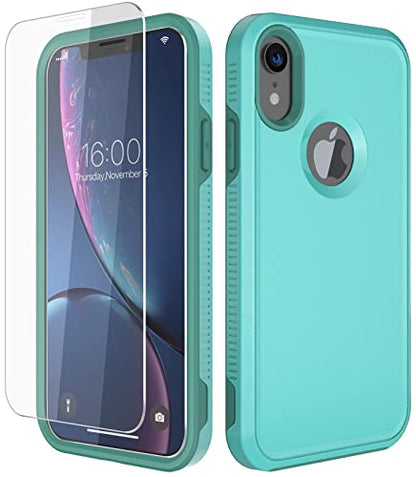 Diverbox for iPhone XR Case [Tempered Glass Screen Protector] [Shockproof] [Dropproof] Heavy Duty Protection Phone Case Cover for Apple iPhone XR (Teal) - color: Teal-2in1